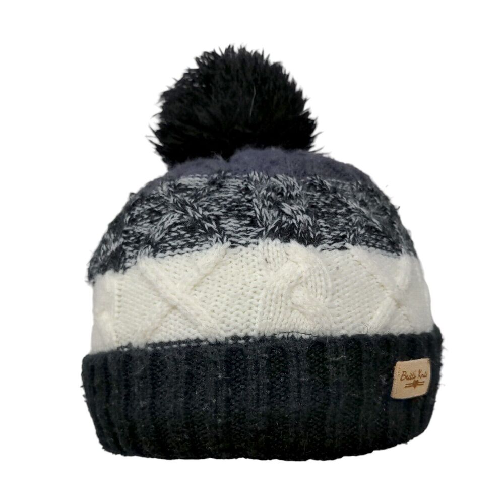 Britt's Knits Beanie Hat Multicolor One Size Stretch Hand Knitted Pom Pom